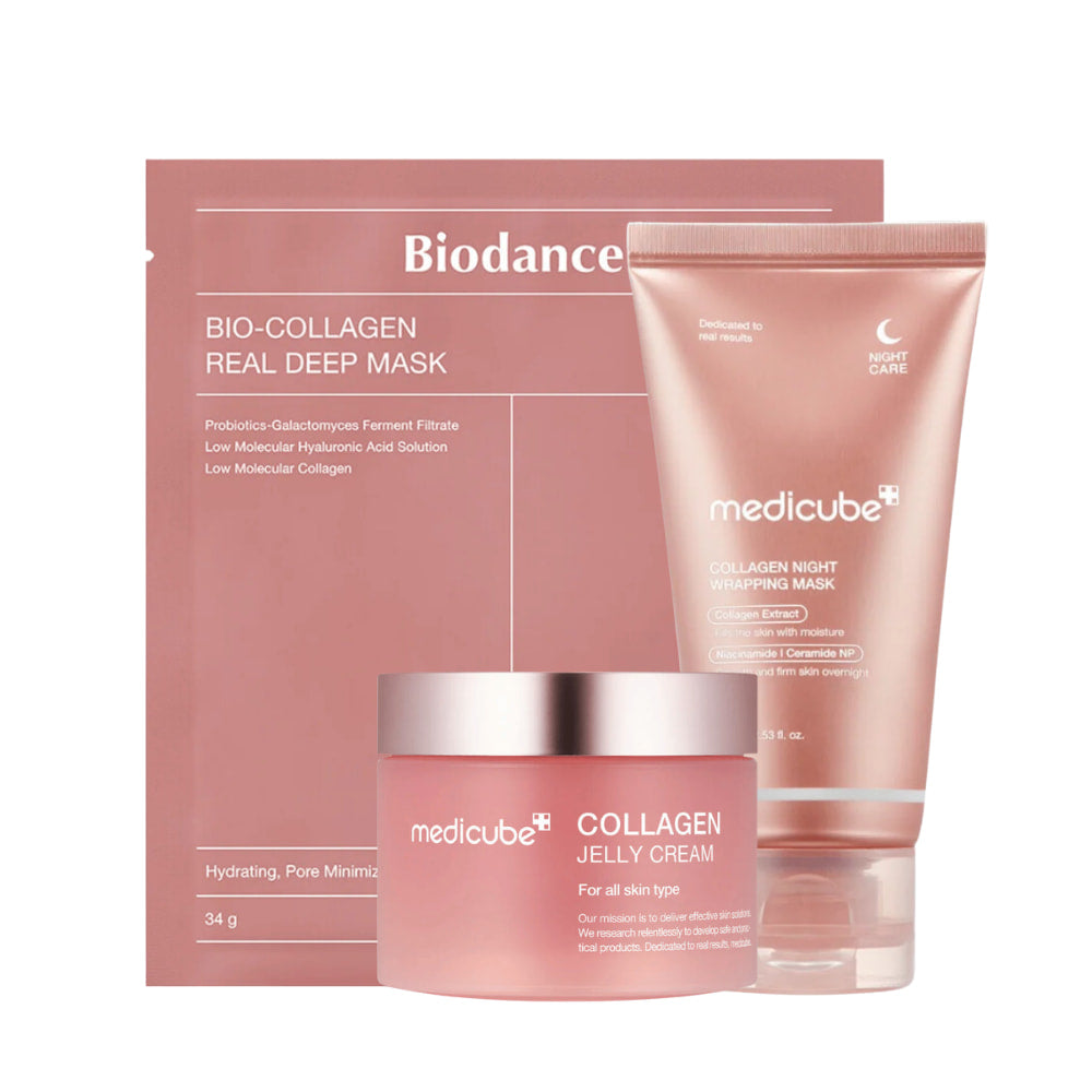 O conjunto de produtos "Sweet Dreams Skincare" de Medicube, projetado para melhorar a firmeza e o brilho da pele durante a noite. Inclui "Collagen Jelly Cream", "Collagen Night Wrapping Mask" e "Bio-Collagen Real Deep Mask". Estes produtos são enriquecidos com colágeno, probióticos e ácido hialurônico, e destinam-se a hidratar e minimizar os poros, proporcionando uma pele macia e flexível.