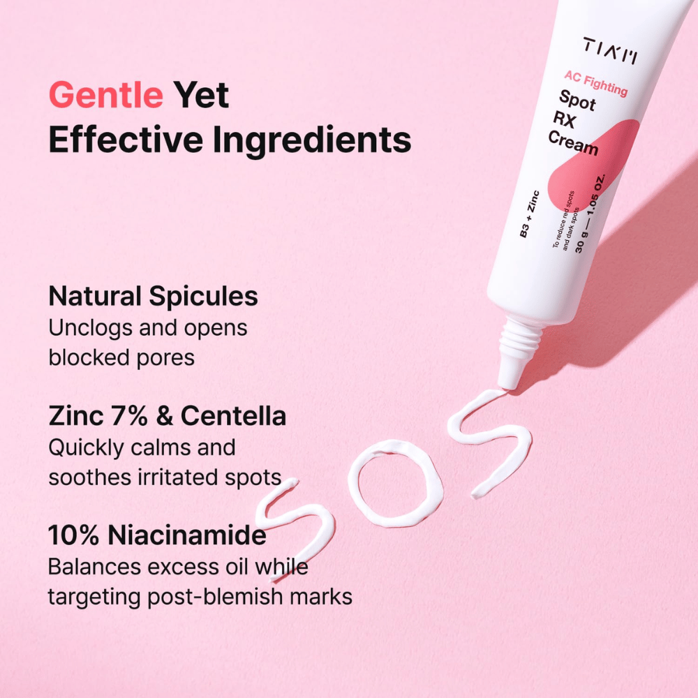 TIA'M AC Fighting Spot RX Cream com zinco, niacinamida e centella – acalma, equilibra a produção de sebo e reduz manchas vermelhas.