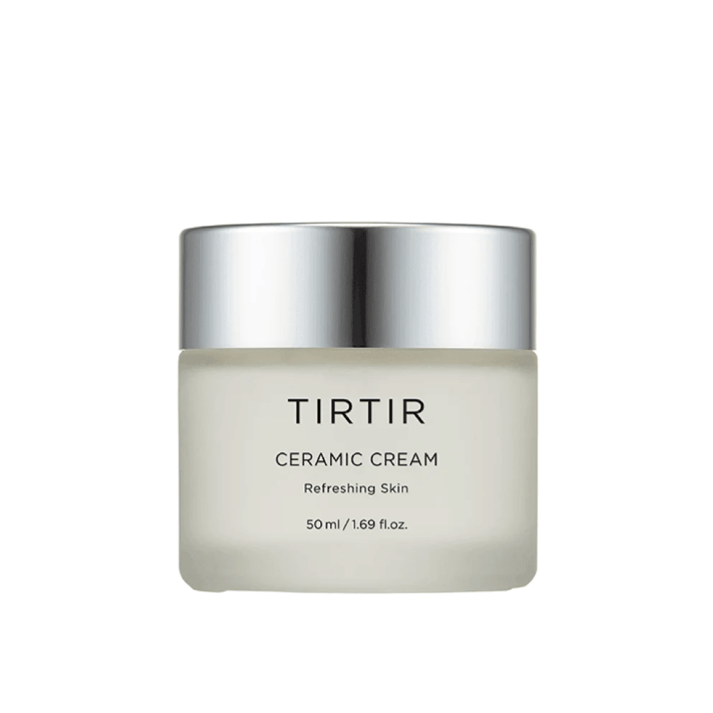 Um frasco de TIRTIR Ceramic Cream destinado a "Refreshing Skin", com um volume de 50 ml / 1,69 fl oz. O frasco tem uma cor gradiente de branco a transparente e uma tampa prateada.