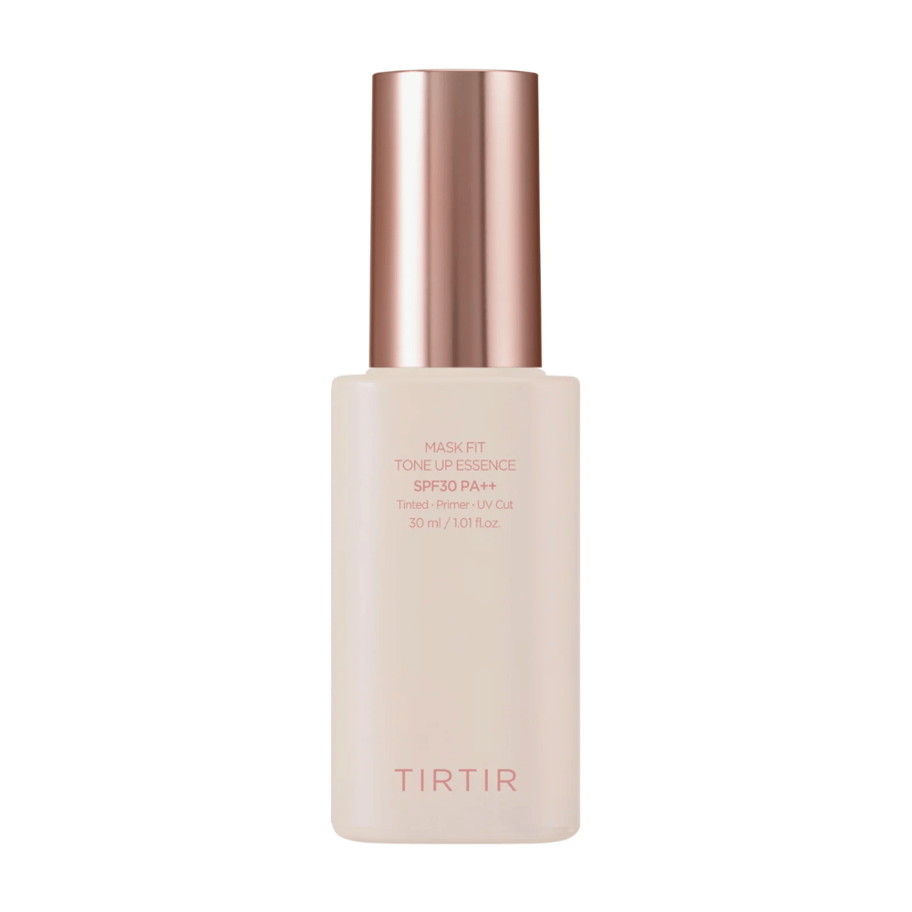 Imagem do produto de "TIRTIR MASK FIT TONE UP ESSENCE" com SPF30 PA++, um primer com cor que protege contra radiação UV. Conteúdo: 30 ml.