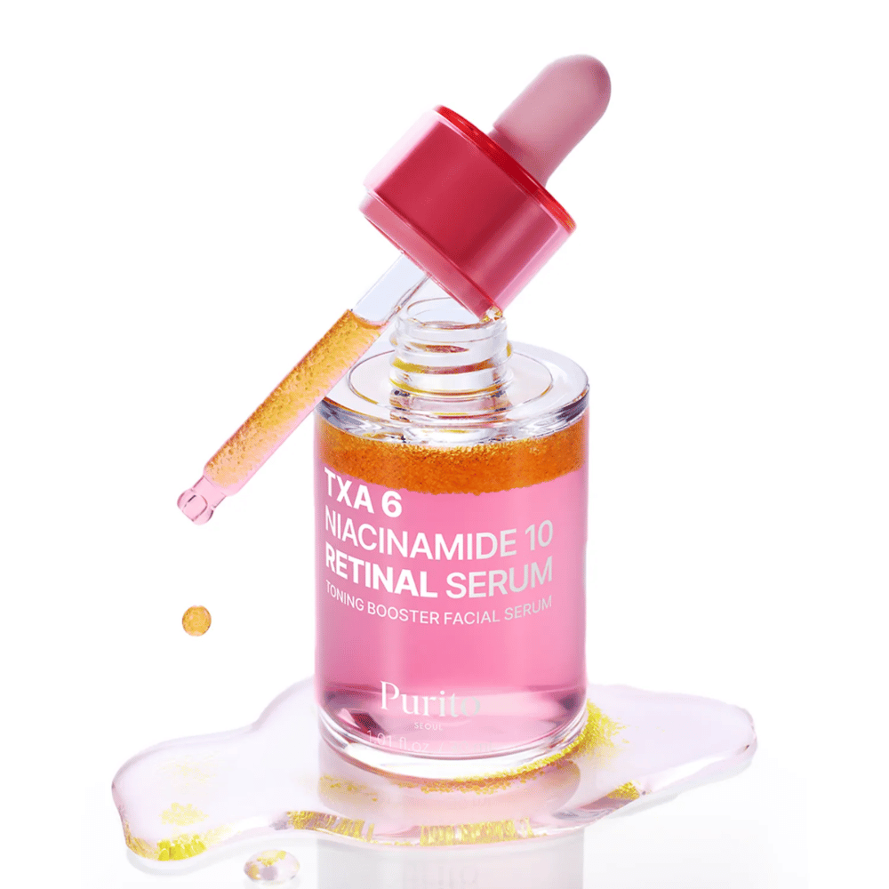 Purito TXA 6 Niacinamide 10 Retinal Serum – sérum potenciador de tonificação rosa com pipeta. Combina TXA, niacinamida e retinal para um tom de pele uniforme.
