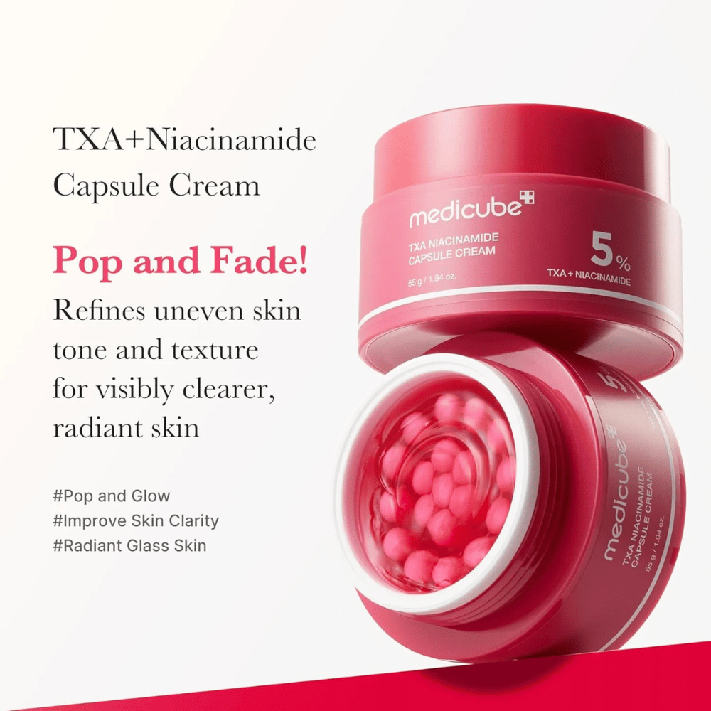 Medicube TXA Niacinamide Capsule Cream com texto sobre uniformização do tom de pele e brilho, mostrando pote aberto com cápsulas rosa e a embalagem do produto ao lado.