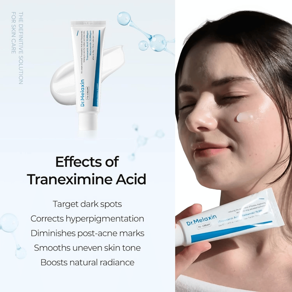 Cuidado de pele com ácido tranexâmico que reduz a hiperpigmentação, cicatrizes de acne e manchas escuras, proporcionando uma pele mais uniforme e radiante