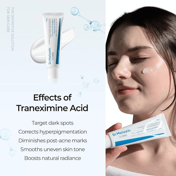 Cuidado de pele com ácido tranexâmico que reduz a hiperpigmentação, cicatrizes de acne e manchas escuras, proporcionando uma pele mais uniforme e radiante