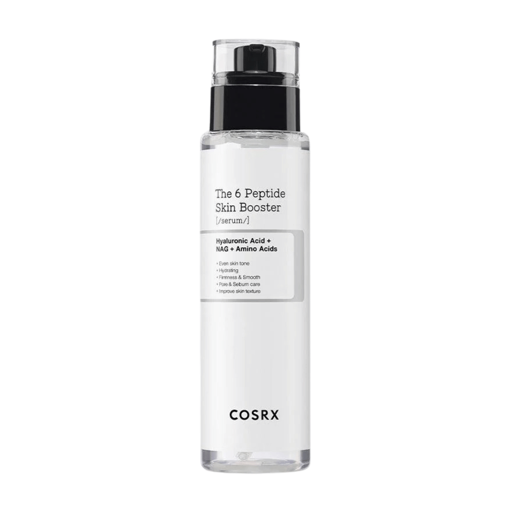 Frasco com soro para cuidados da pele "The 6 Peptide Skin Booster" com ácido hialurônico e aminoácidos de COSRX.