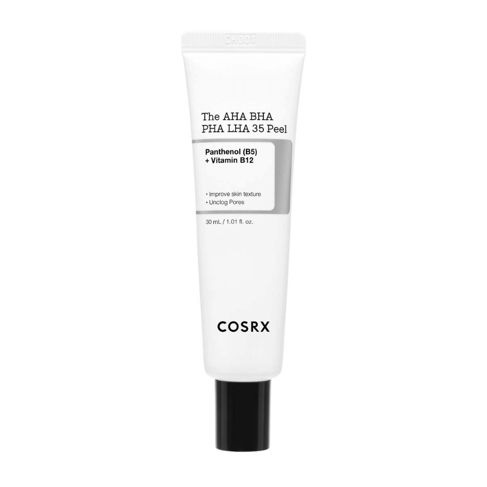 COSRX AHA BHA PHA LHA 35 Peel, um produto esfoliante com pantenol (B5) e vitamina B12. Melhora a textura da pele e limpa poros obstruídos. Conteúdo: 30 ml.