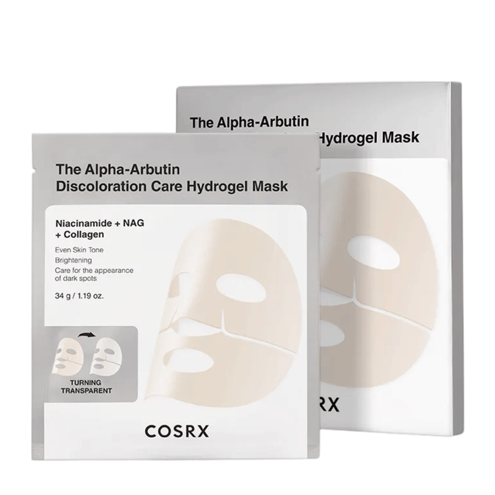 COSRX Alpha-Arbutin Discoloration Care Hydrogel Mask imagem do produto – hidrogel Sheet mask que foca em manchas de pigmentação, brilho e clareza melhorada da pele.