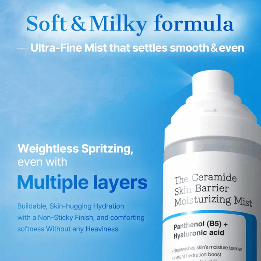 COSRX Ceramide Skin Barrier Mist – fórmula suave e leitosa que oferece hidratação leve sem deixar pegajoso.