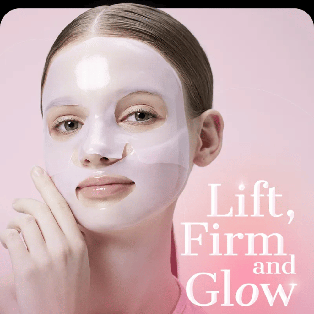 Mulher com COSRX Peptide Collagen Lifting Glow Hydrogel Mask – proporciona pele firme, tonificada e radiante com hidratação intensa.