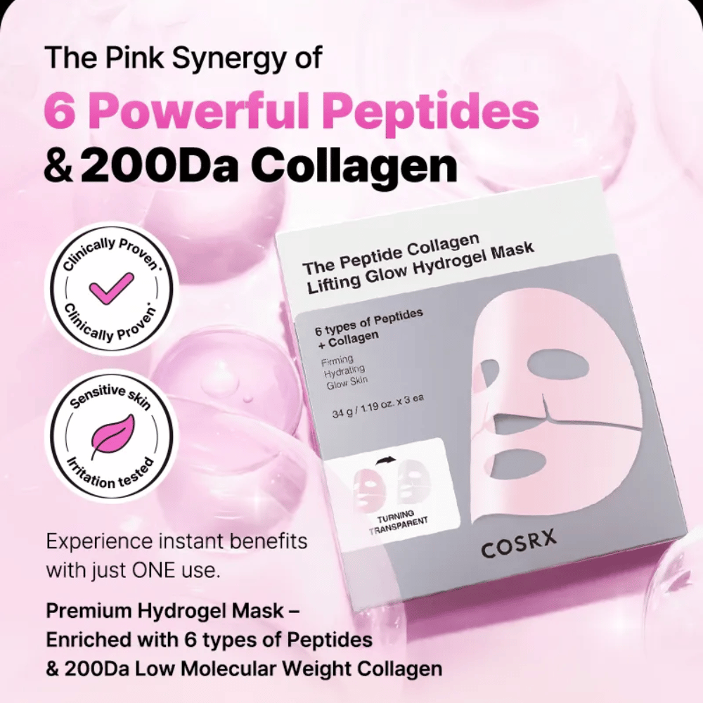 COSRX Peptide Collagen Mask – enriquecida com 6 tipos de peptídeos e colágeno, testada clinicamente para pele sensível.