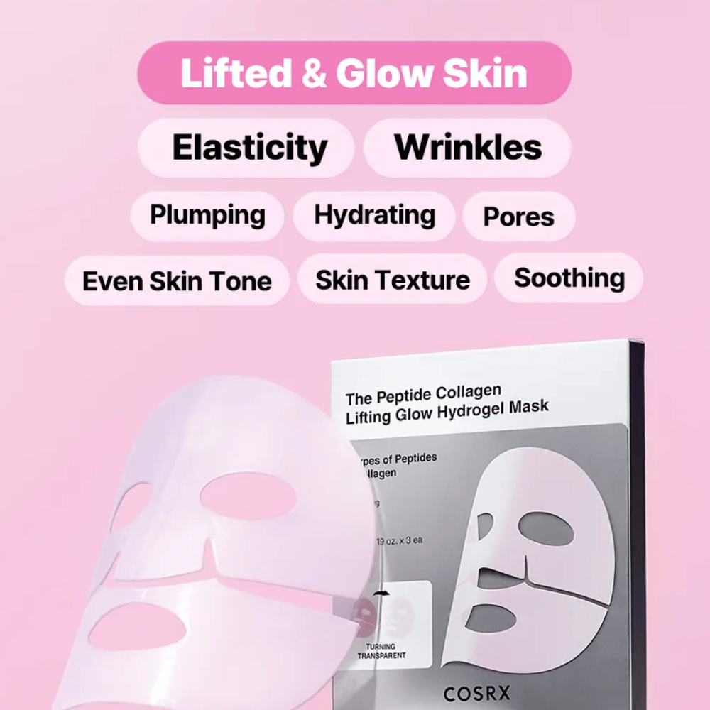 COSRX Peptide Collagen Mask – melhora a elasticidade, hidratação, tom e textura da pele para uma pele uniforme e luminosa.