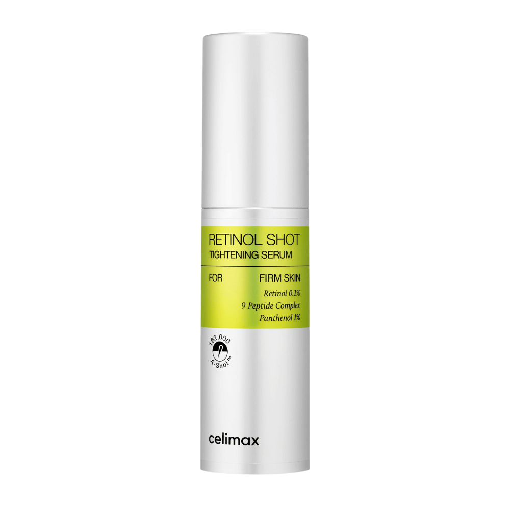 Celimax The Vita-A Retinol Shot Tightening Serum em frasco de bomba prateado com rótulo verde-limão e texto preto.