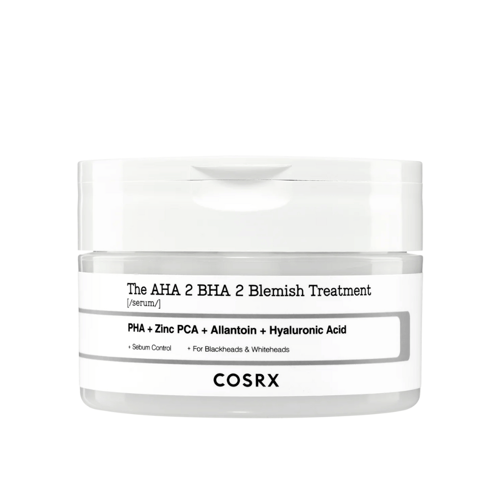 COSRX AHA 2 BHA 2 Blemish Treatment, um sérum com PHA, zinco PCA, alantoína e ácido hialurônico. Projetado para controlar a produção de sebo e combater cravos e espinhas brancas. Perfeito para melhorar a clareza da pele.