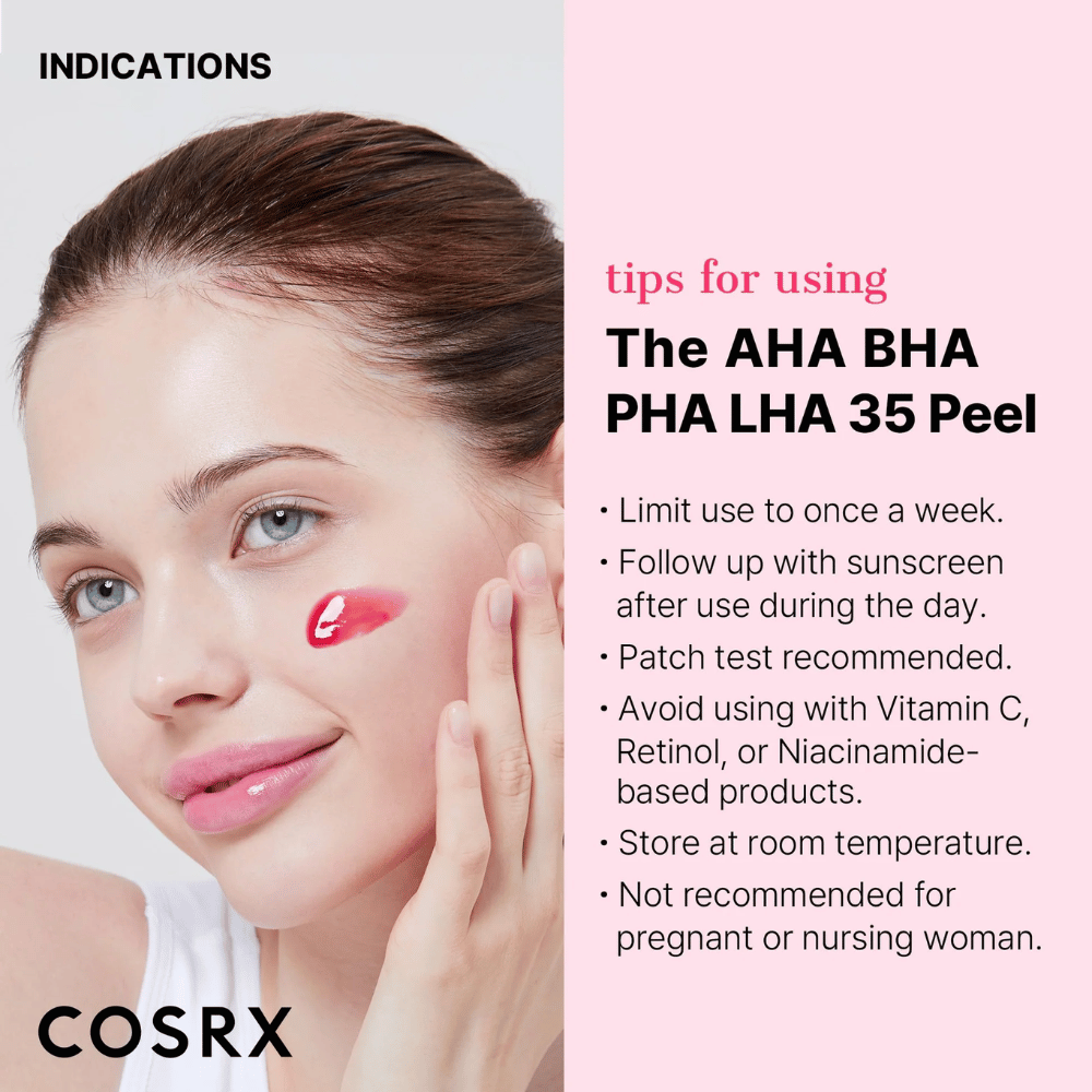 Instruções de uso para COSRX AHA BHA PHA LHA 35 Peel:

Use no máximo uma vez por semana.
Acompanhe com protetor solar durante o dia.
Recomenda-se testar primeiro numa pequena área.
Evite combinar com produtos que contenham vitamina C, retinol ou niacinamida.
Armazenar à temperatura ambiente.
Não recomendado para mulheres grávidas ou a amamentar.