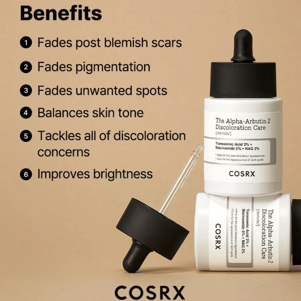COSRX The Alpha-Arbutin 2 Discoloration Care Serum ajuda a reduzir cicatrizes de acne, clarear manchas de pigmentação, uniformizar o tom da pele e melhorar a luminosidade da pele. Contém ácido tranexâmico, niacinamida e NAG para uma pele mais clara.