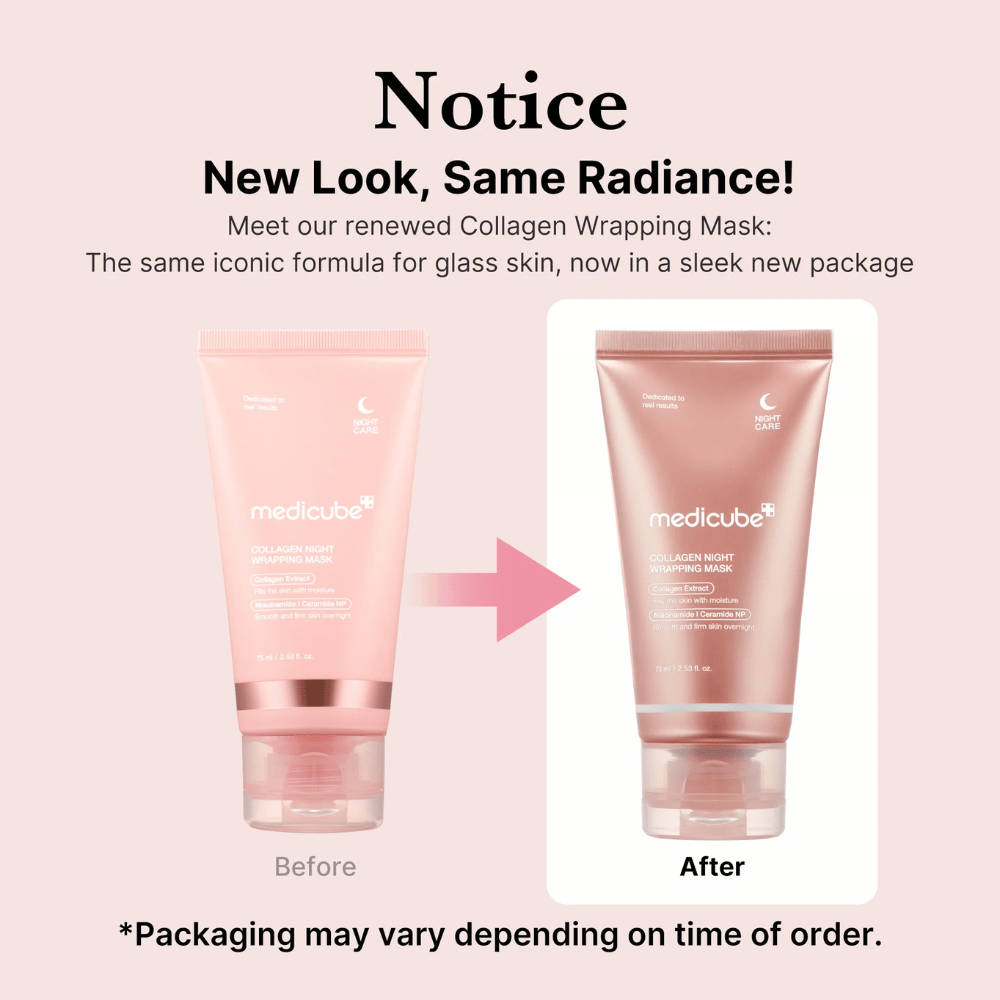 Novo visual, os mesmos resultados radiantes! Medicube Collagen Wrapping Mask agora tem uma embalagem renovada e elegante, mas mantém sua fórmula icônica para uma pele brilhante. *A embalagem pode variar dependendo do momento do pedido.