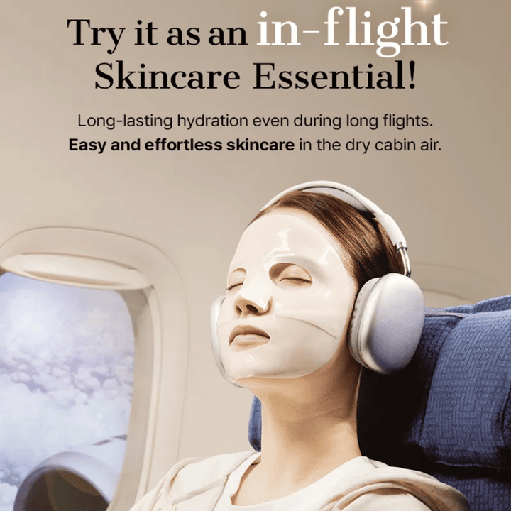 COSRX Alpha-Arbutin Discoloration Care Hydrogel Mask durante viagem de avião – Sheet mask hidratante que combate a pele seca e proporciona um tom de pele mais uniforme mesmo em ar seco de cabine.