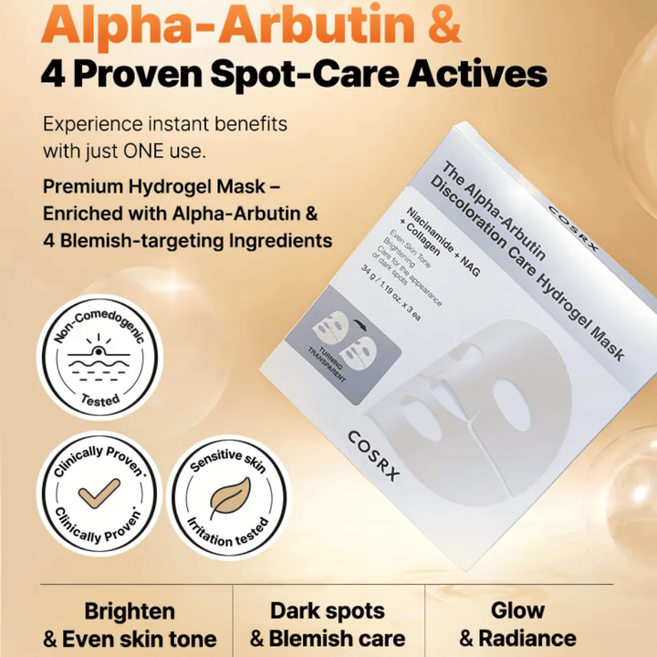 COSRX Alpha-Arbutin Discoloration Care Hydrogel Mask imagem do produto – coreano Sheet mask para pigmentação, brilho e hidratação intensiva.