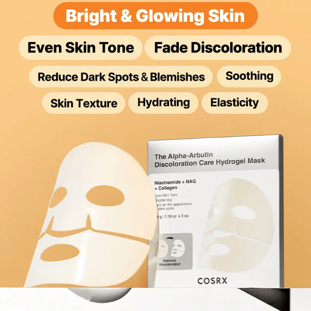 COSRX Alpha-Arbutin Hydrogel Mask – Sheet mask que proporciona brilho, tom de pele mais uniforme, reduz manchas escuras e melhora a elasticidade da pele.