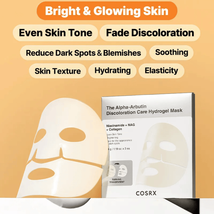COSRX Alpha-Arbutin Hydrogel Mask – Sheet mask que proporciona brilho, tom de pele mais uniforme, reduz manchas escuras e melhora a elasticidade da pele.