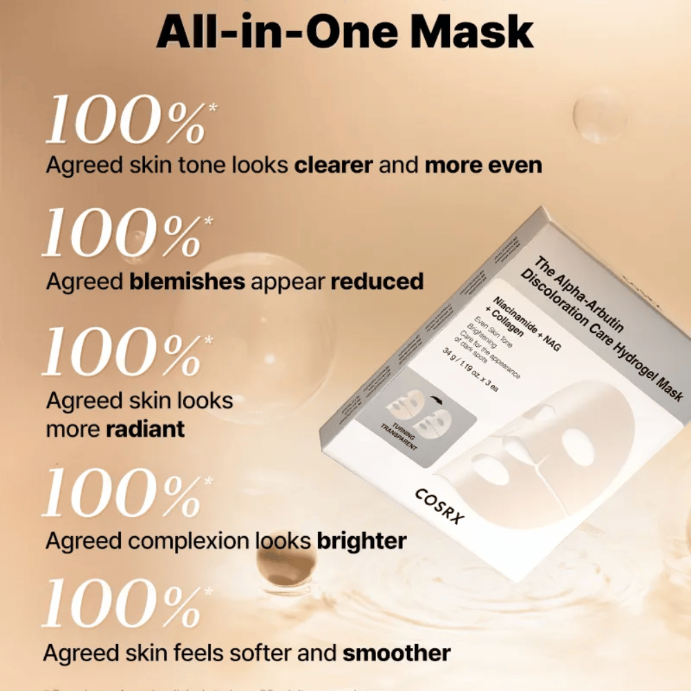 COSRX Alpha-Arbutin Discoloration Care Hydrogel Mask com embalagem – tudo-em-um Sheet mask para brilho, tom de pele uniforme e redução de descoloração.