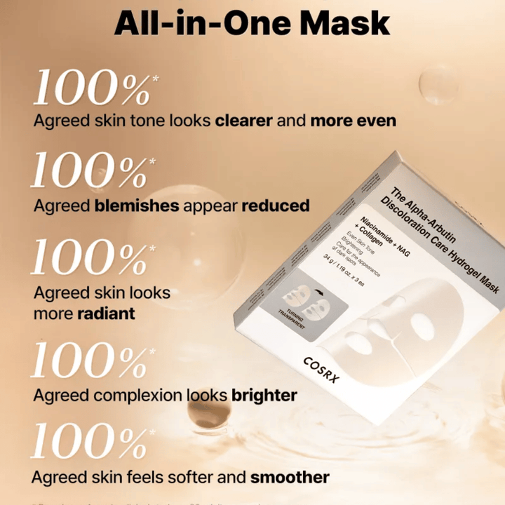 COSRX Alpha-Arbutin Discoloration Care Hydrogel Mask com embalagem – tudo-em-um Sheet mask para brilho, tom de pele uniforme e redução de descoloração.