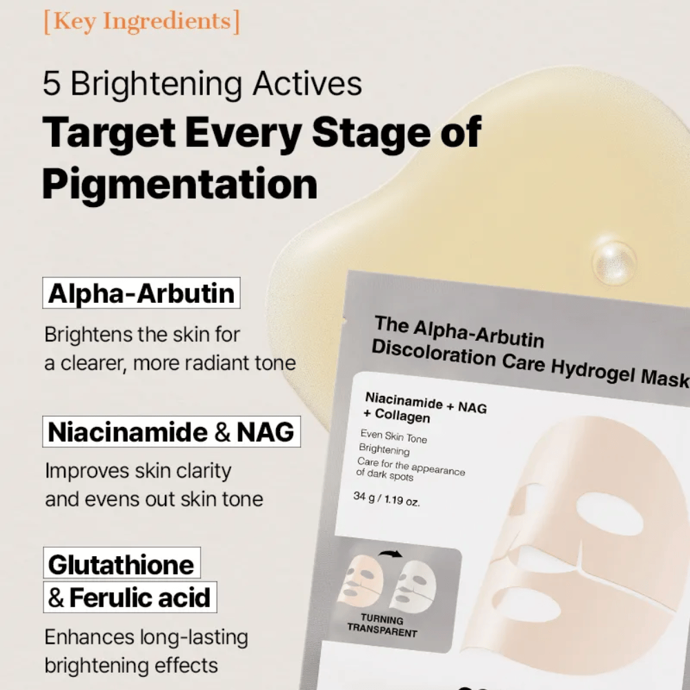 COSRX Alpha-Arbutin Discoloration Care Hydrogel Mask com alpha-arbutin e niacinamida – Sheet mask que ajuda a reduzir manchas de pigmentação e uniformizar o tom de pele.