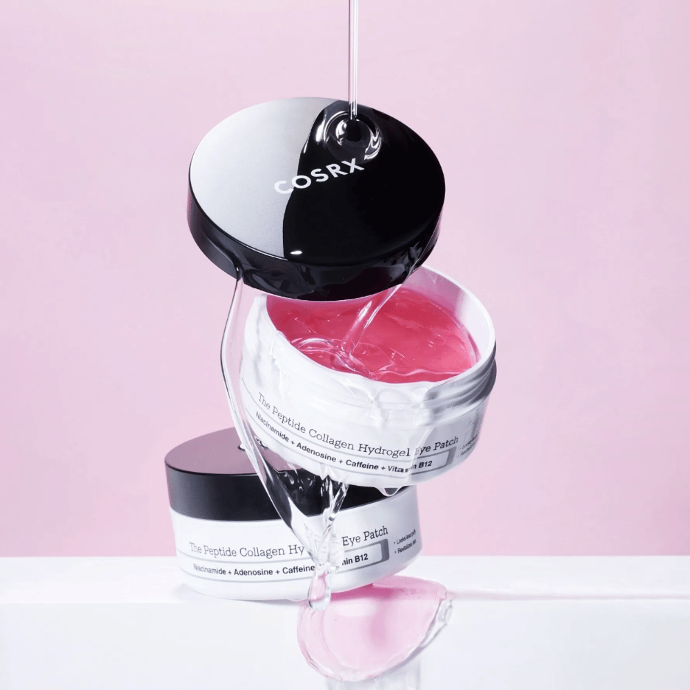 COSRX Peptide Collagen Hydrogel Eye Patch – fórmula em gel rosa rica em niacinamida, adenosina, cafeína e vitamina B12.