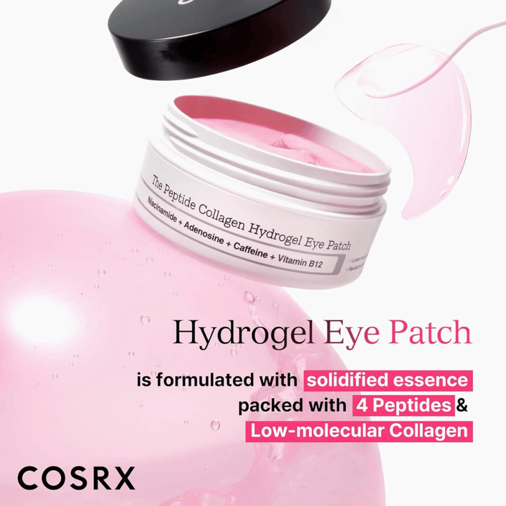 COSRX Hydrogel Eye Patch com 4 peptídeos e colágeno de baixo peso molecular para pele hidratada e firme ao redor dos olhos.