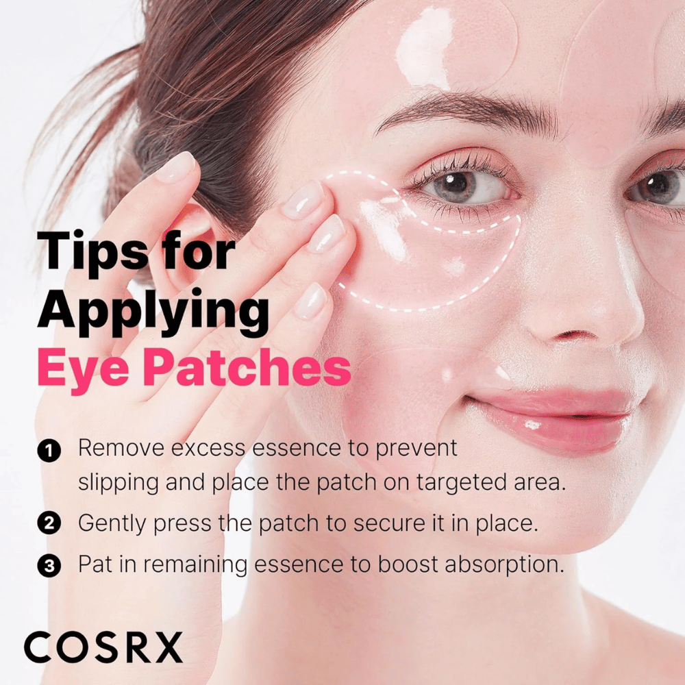 Dicas para aplicação de COSRX Peptide Collagen Eye Patch – pressione, remova o excesso de essência e bata suavemente o restante.