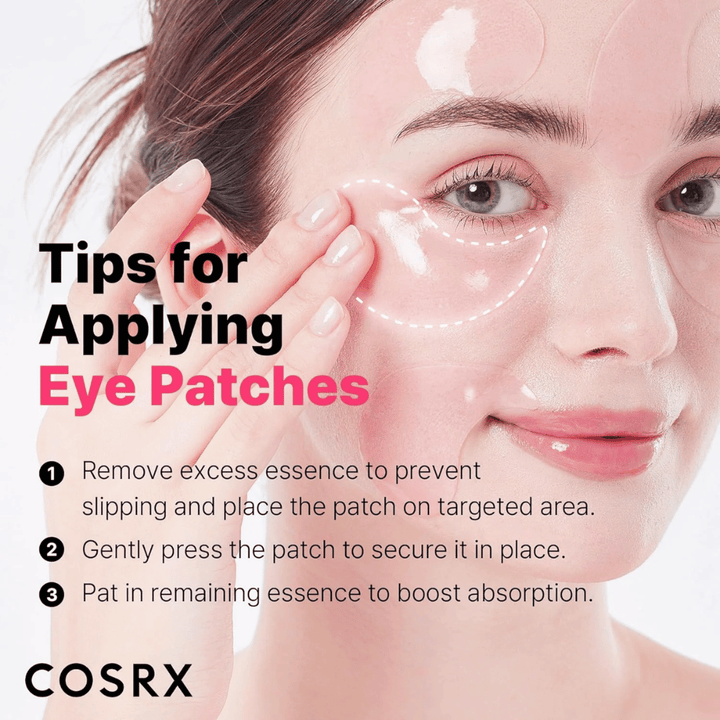Dicas para aplicação de COSRX Peptide Collagen Eye Patch – pressione, remova o excesso de essência e bata suavemente o restante.