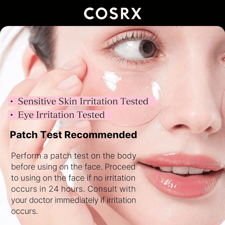 COSRX Peptide Collagen Hydrogel Eye Patch – testado para pele sensível e irritação ocular, seguro para uso diário.