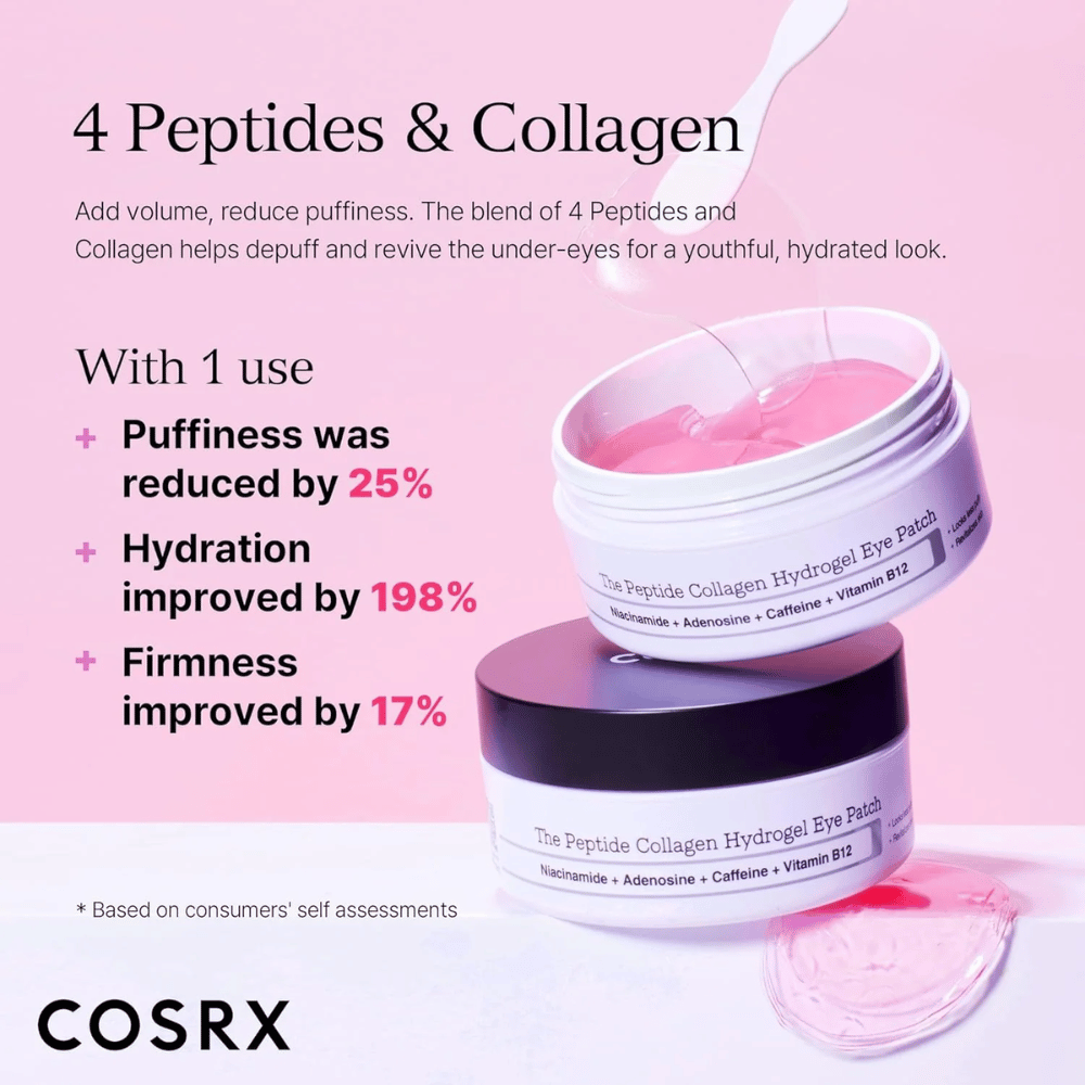 COSRX Peptide Collagen Eye Patch com 4 peptídeos e colágeno que reduz o inchaço, aumenta a hidratação em 198% e melhora a firmeza.