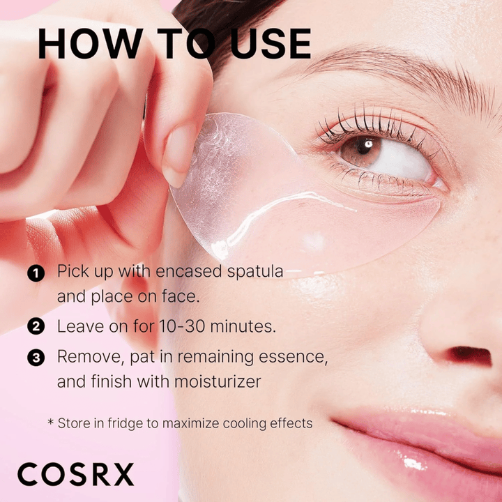 COSRX Peptide Collagen Hydrogel Eye Patch – aplique com espátula, deixe agir 10-30 minutos e finalize com creme hidratante.