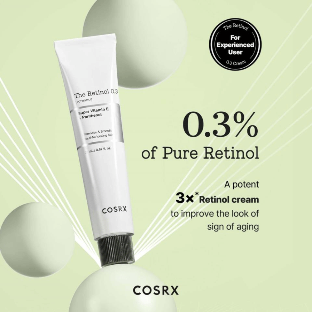 COSRX The Retinol 0.3 Cream contém 0,3% de retinol puro para melhorar eficazmente a firmeza da pele e suavizar as linhas finas. Enriquecido com super vitamina E e pantenol, proporciona hidratação e nutrição à pele. Ideal para utilizadores experientes, este é um creme poderoso que combate os sinais de envelhecimento e dá um brilho jovem.