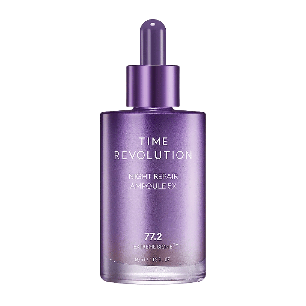 5. MISSHA Time Revolution Night Repair Ampoule 5X 50 ml – ampola de noite concentrada em frasco de vidro roxo com conta-gotas