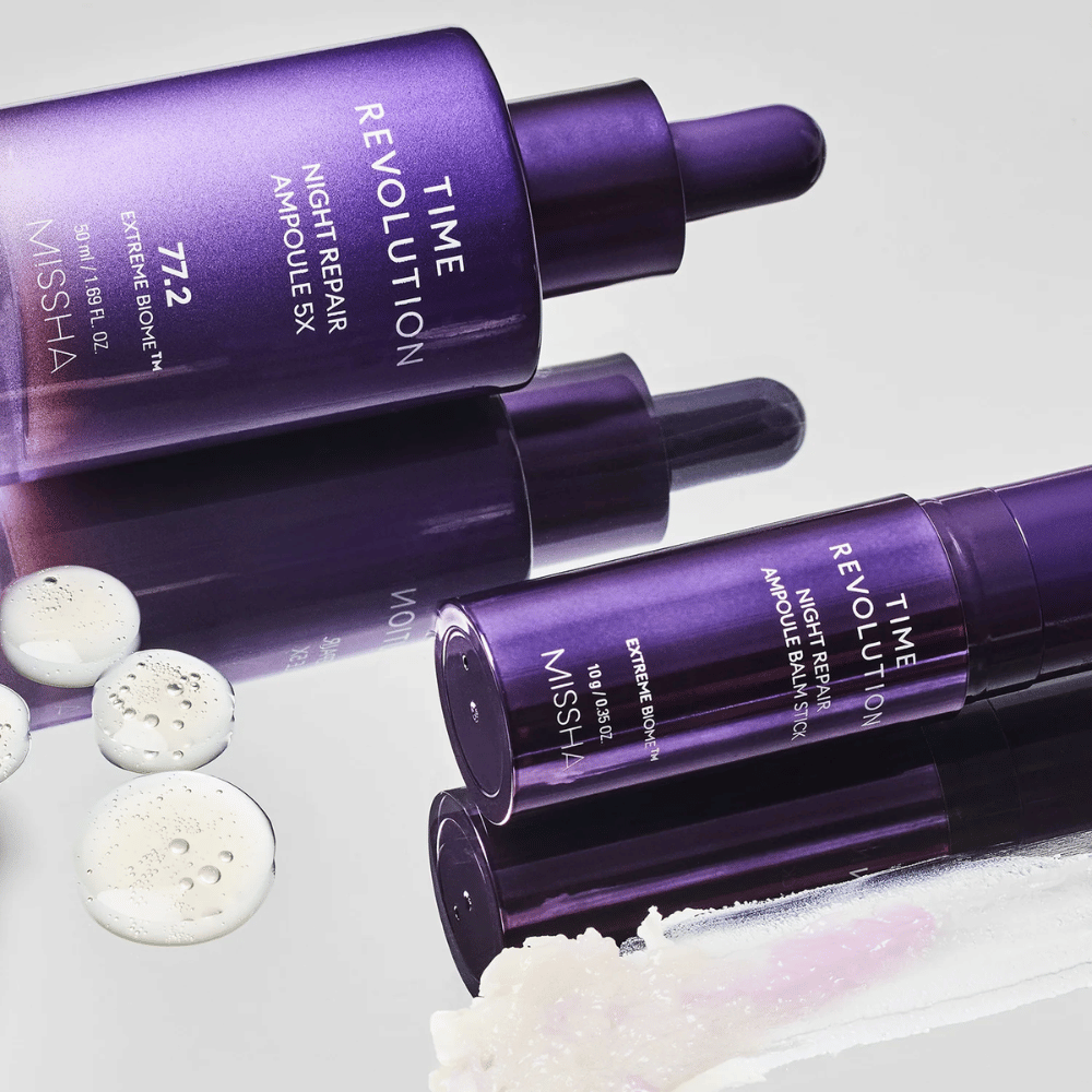1. MISSHA Time Revolution Night Repair Ampoule 5X 50 ml – ampola de noite com 77,2 % de Extreme Biome Complex em frasco roxo com conta-gotas
