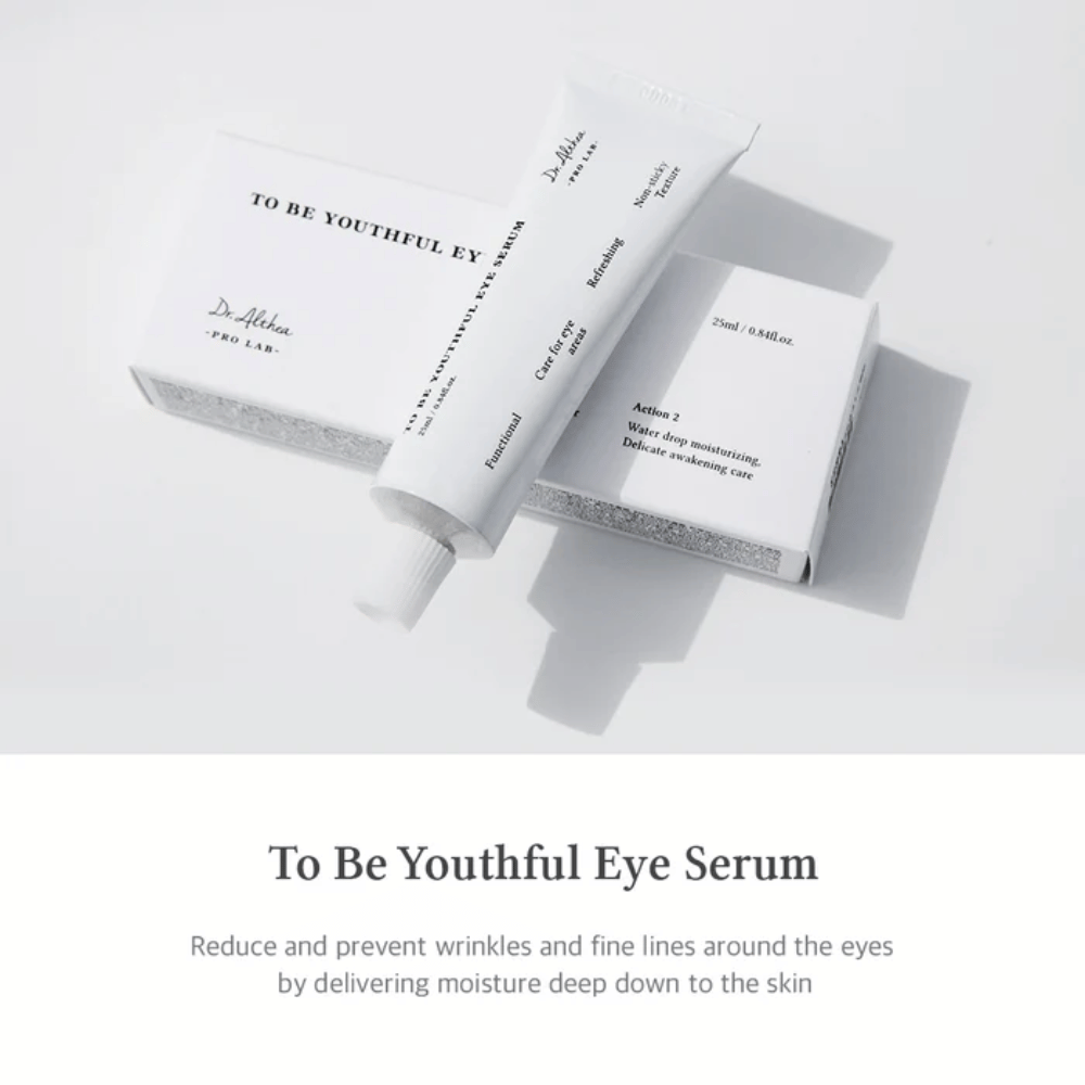 Imagem de Dr. Althea's "To Be Youthful Eye Serum" com um tubo branco e embalagem. O produto deve reduzir e prevenir rugas e linhas finas ao redor dos olhos, fornecendo umidade profundamente na pele. O texto descreve as características e benefícios do produto, incluindo propriedades hidratantes e refrescantes.