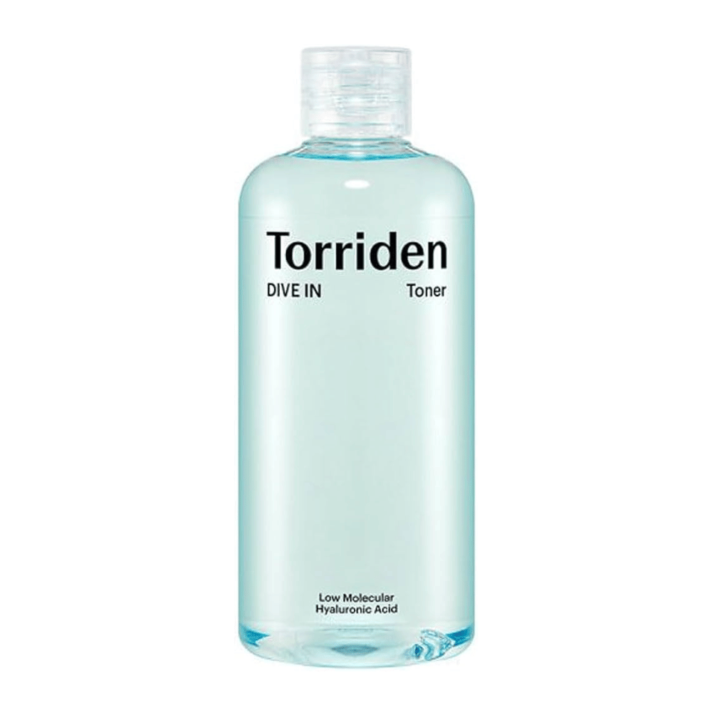 Uma garrafa Torriden DIVE-IN Low Molecule Hyaluronic Acid Toner 300ml, exposta contra um fundo branco imaculado.