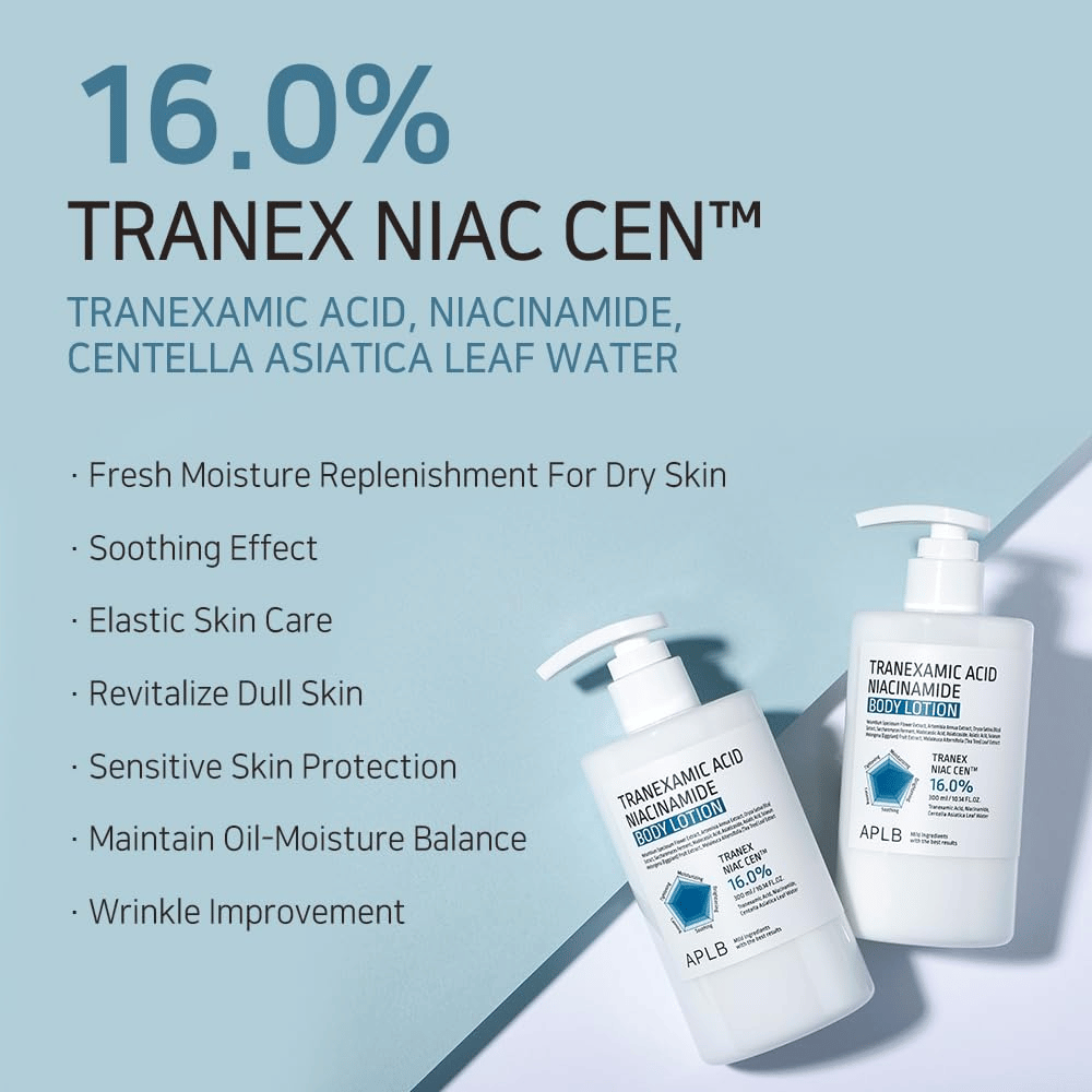 Imagem de benefícios que apresenta o complexo 16% Tranex Niac Cen™ do produto e as suas propriedades, como hidratação, efeito calmante, melhoria da elasticidade da pele, glow e equilíbrio dos níveis de oleosidade e hidratação.