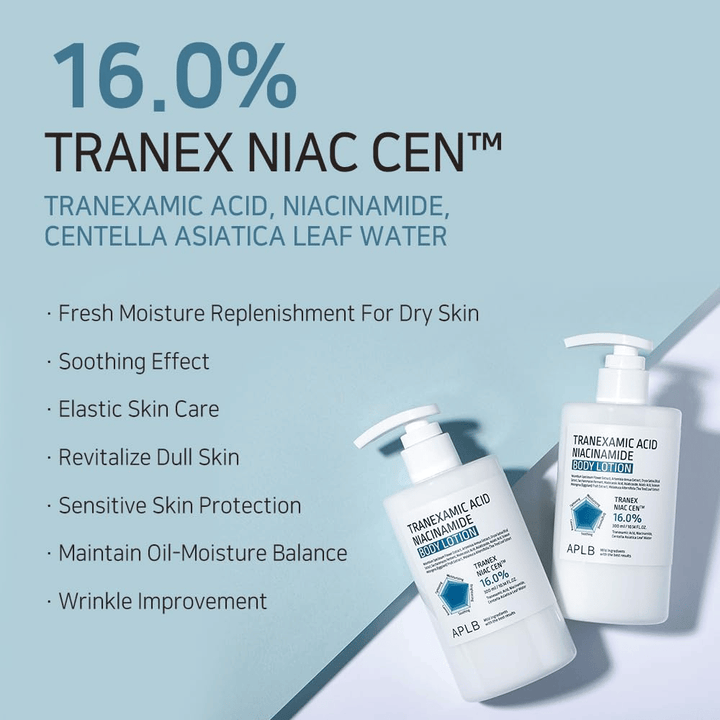 Imagem de benefícios que apresenta o complexo 16% Tranex Niac Cen™ do produto e as suas propriedades, como hidratação, efeito calmante, melhoria da elasticidade da pele, glow e equilíbrio dos níveis de oleosidade e hidratação.