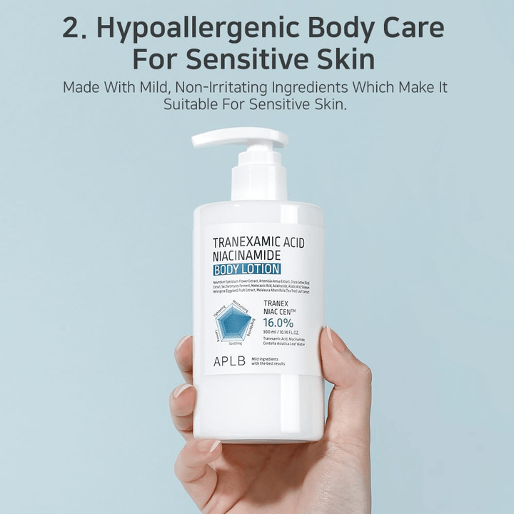 Imagem do produto que mostra APLB Tranexamic Acid Niacinamide Body Lotion, com foco em cuidados corporais hipoalergénicos para pele sensível. A imagem enfatiza ingredientes suaves e delicados adequados para pele seca e sensível.