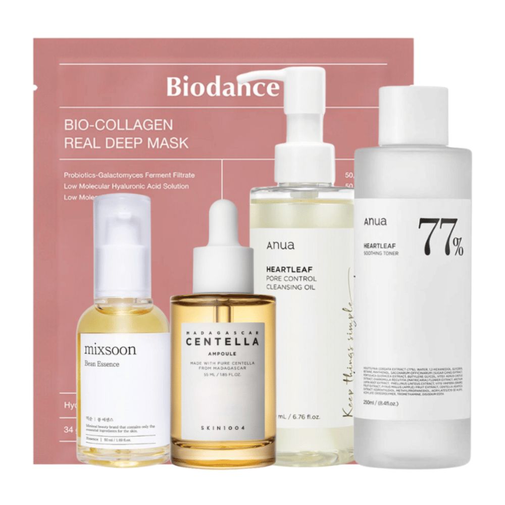 O conjunto "Trending K-Beauty Must-Haves" contém Anua Heartleaf Pore Control Cleansing Oil, Heartleaf 77% Soothing Toner, Skin1004 Madagascar Centella Ampoule, e Mixsoon Bean Essence juntamente com um Bio-Collagen Real Deep Mask de Biodance. Estes produtos são cuidadosamente selecionados para proporcionar limpeza profunda, hidratação intensa e efeitos calmantes para a pele, tornando-os essenciais para uma rotina completa de cuidados com a pele.