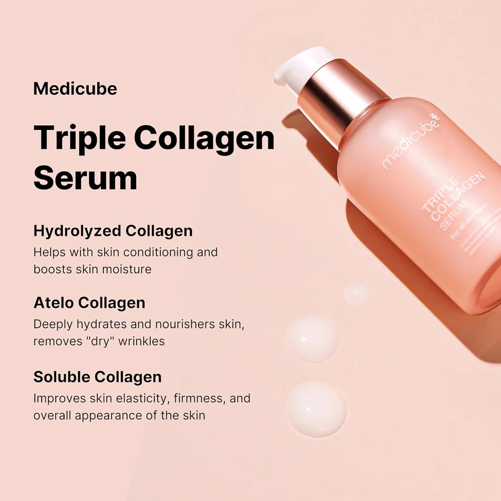 Uma imagem publicitária para Medicube Triple Collagen Serum que explica os benefícios de seus três tipos de colágeno para cuidados com a pele. O produto é apresentado em uma garrafa rosa contra um fundo combinando.