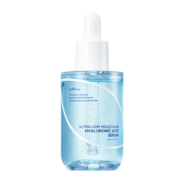 Isntree Ultra-Low Molecular Hyaluronic Acid Serum 50 ml, sérum facial de rápida absorção com ácido hialurônico de ultra-baixa massa molecular para hidratação intensa e profunda.