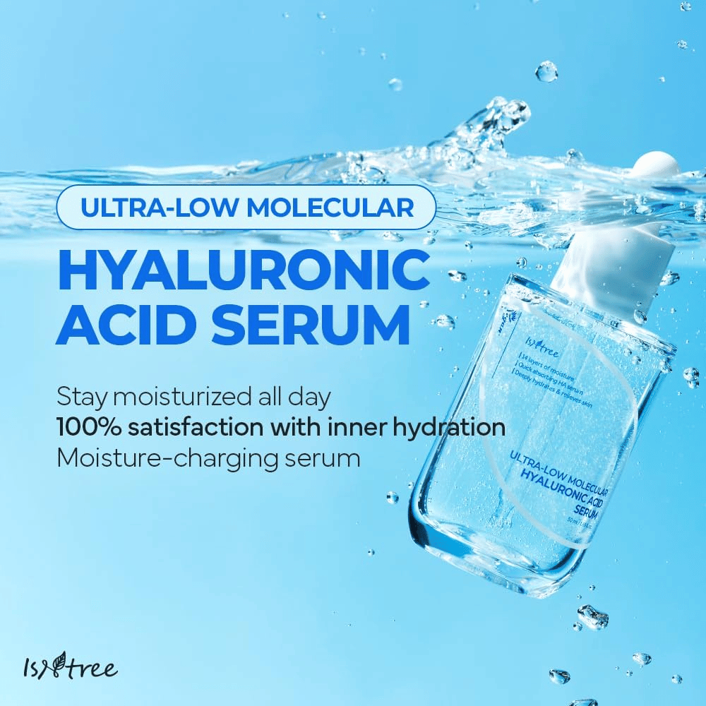 Isntree Ultra-Low Molecular Hyaluronic Acid Serum em ambiente aquático, sérum de ácido hialurônico hidratante que proporciona pele volumosa, brilho aumentado e equilíbrio de umidade duradouro.