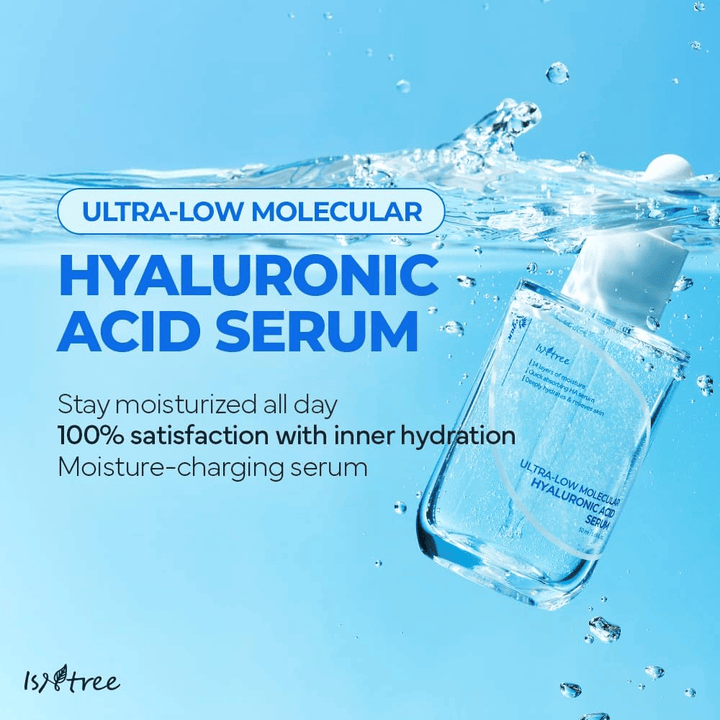 Isntree Ultra-Low Molecular Hyaluronic Acid Serum em ambiente aquático, sérum de ácido hialurônico hidratante que proporciona pele volumosa, brilho aumentado e equilíbrio de umidade duradouro.
