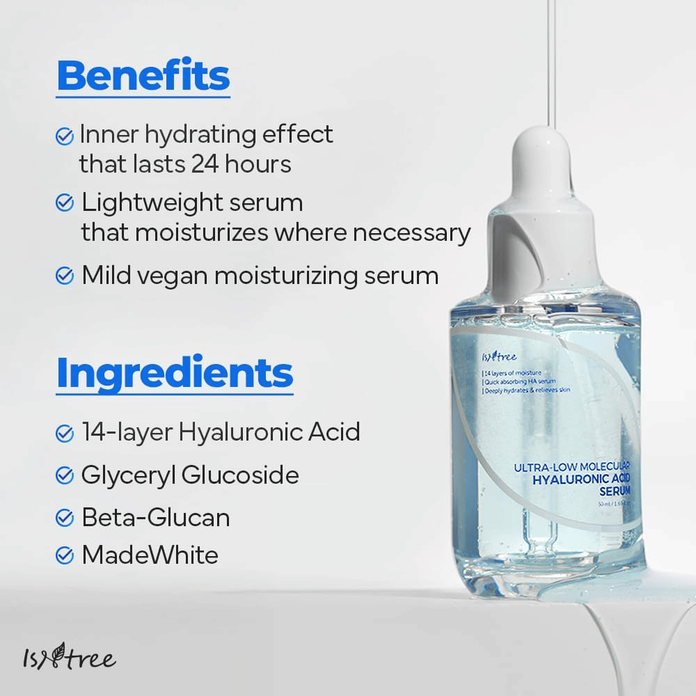 Isntree Ultra-Low Molecular Hyaluronic Acid Serum com fórmula leve e vegana que hidrata por até 24 horas e é adequada para pele seca, sensível e desidratada.