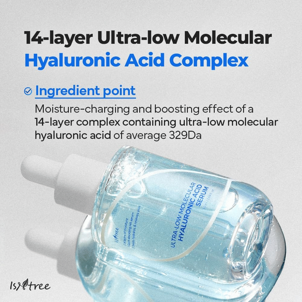 Isntree Ultra-Low Molecular Hyaluronic Acid Serum com ácido hialurônico de ultra-baixa massa molecular, sérum facial de impulso de umidade que proporciona hidratação intensa em profundidade.