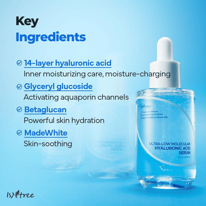 Isntree Ultra-Low Molecular Hyaluronic Acid Serum com ácido hialurônico de 14 camadas, glicosídeo de glicerilo e beta-glucano, sérum hidratante que fortalece a barreira da pele e acalma a pele sensível.